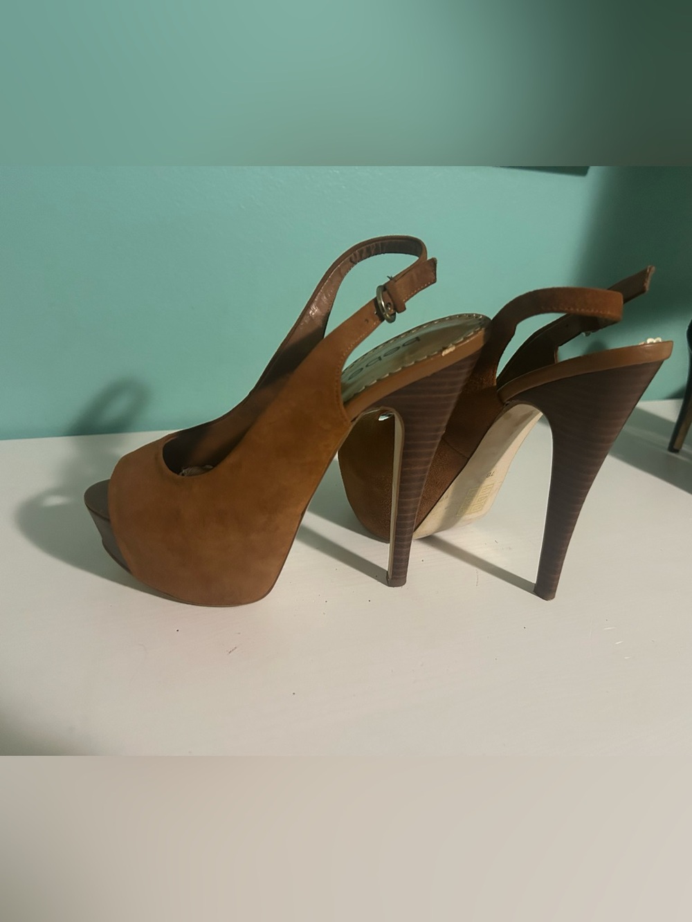 bebe Brown Peep-Toe Slingback Heels